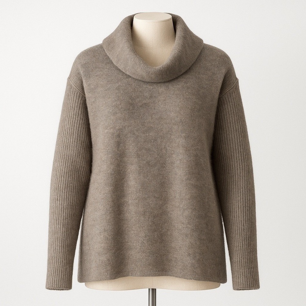 Mohair Wool Lagenlook Cowl Neck Sweater Sz L Beige Knit Minimalist Quiet Luxury